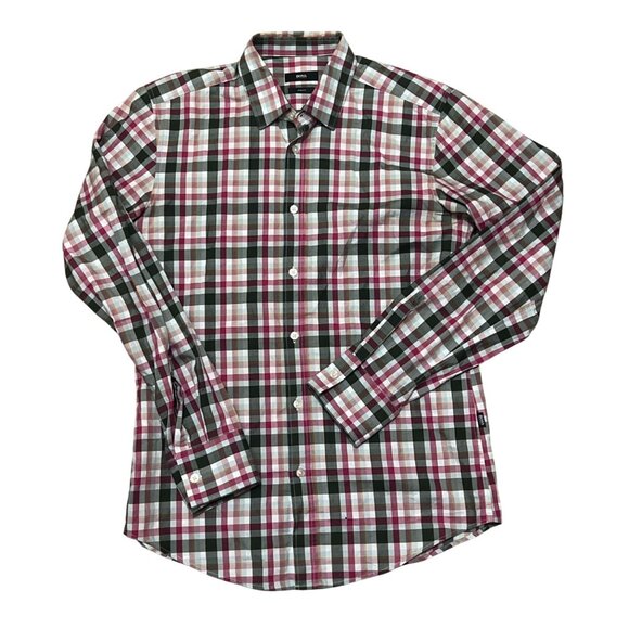 Hugo Boss Mens Slim Fit Plaid Button-Up Shirt M Red/Green Checkered Cotton - Picture 1 of 4